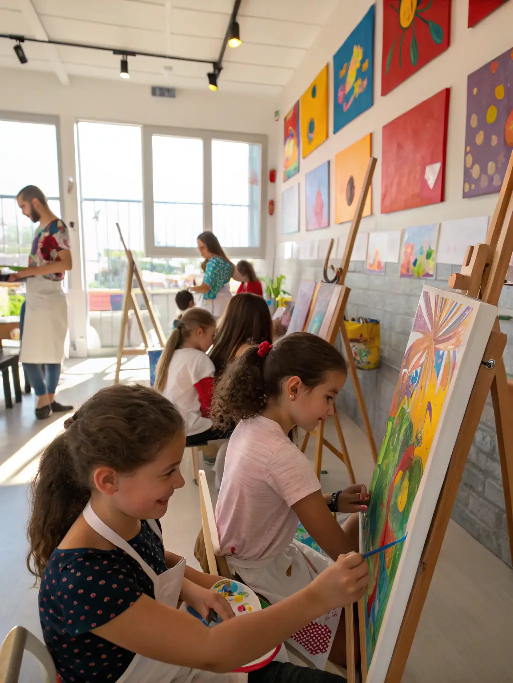 Young people participating in a creative workshop, painting and collaborating in a bright, welcoming space, illustrating LES FLEES PAILLETTES' Youth Engagement and Educational Workshops.