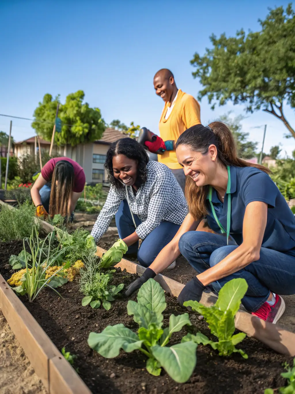 A photo of volunteers working together on a community garden project, representing teamwork and environmental stewardship.