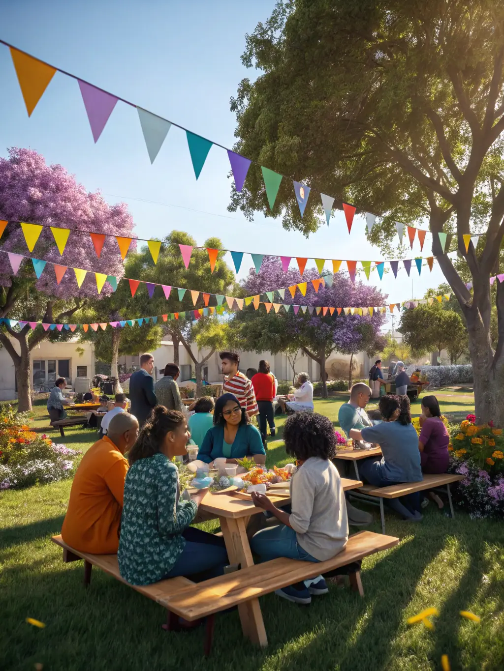 A lively community festival with people of all ages engaging in dance, music, and art activities in an outdoor setting, representing LES FLEES PAILLETTES' Community Cultural Programs.