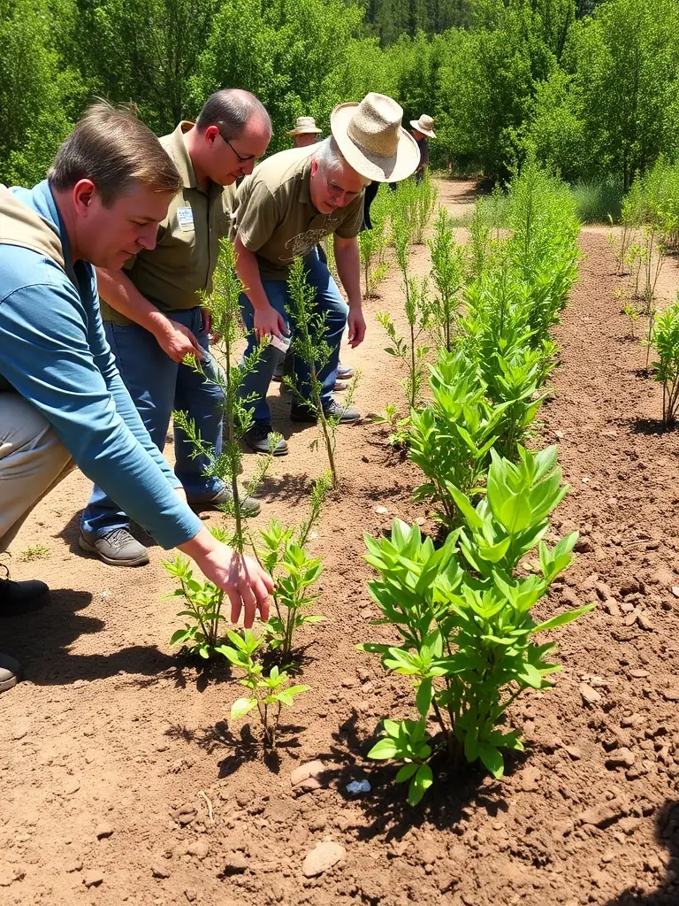 A group of volunteers planting trees in a community garden, symbolizing LES FLEES PAILLETTES' commitment to environmental sustainability and community involvement.