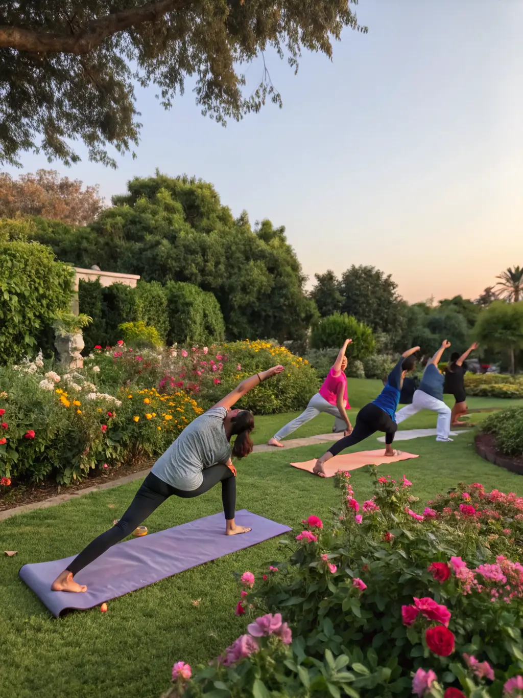 A group of diverse individuals participating in a community yoga session outdoors with a scenic backdrop, showcasing LES FLEES PAILLETTES' Sports and Wellness Activities.